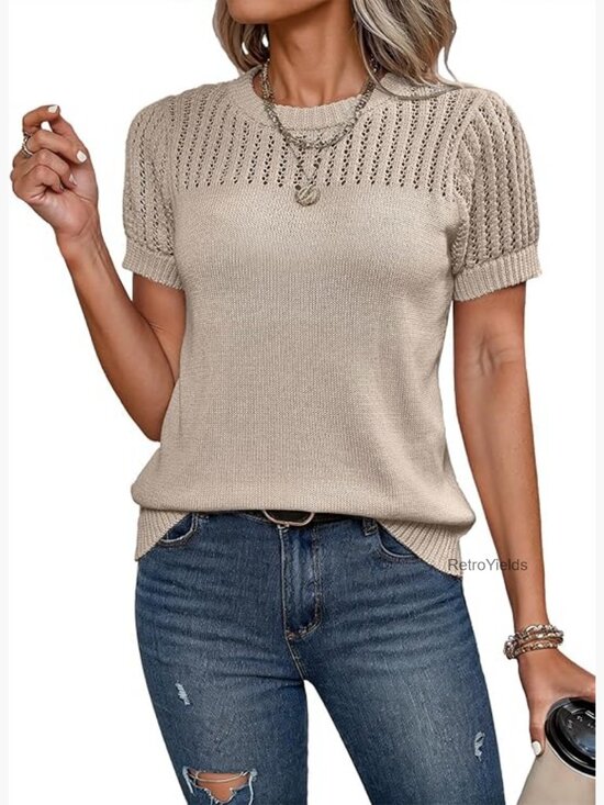 Tops - Crewneck Short Sleeve Loose Knit Blouse Tunic